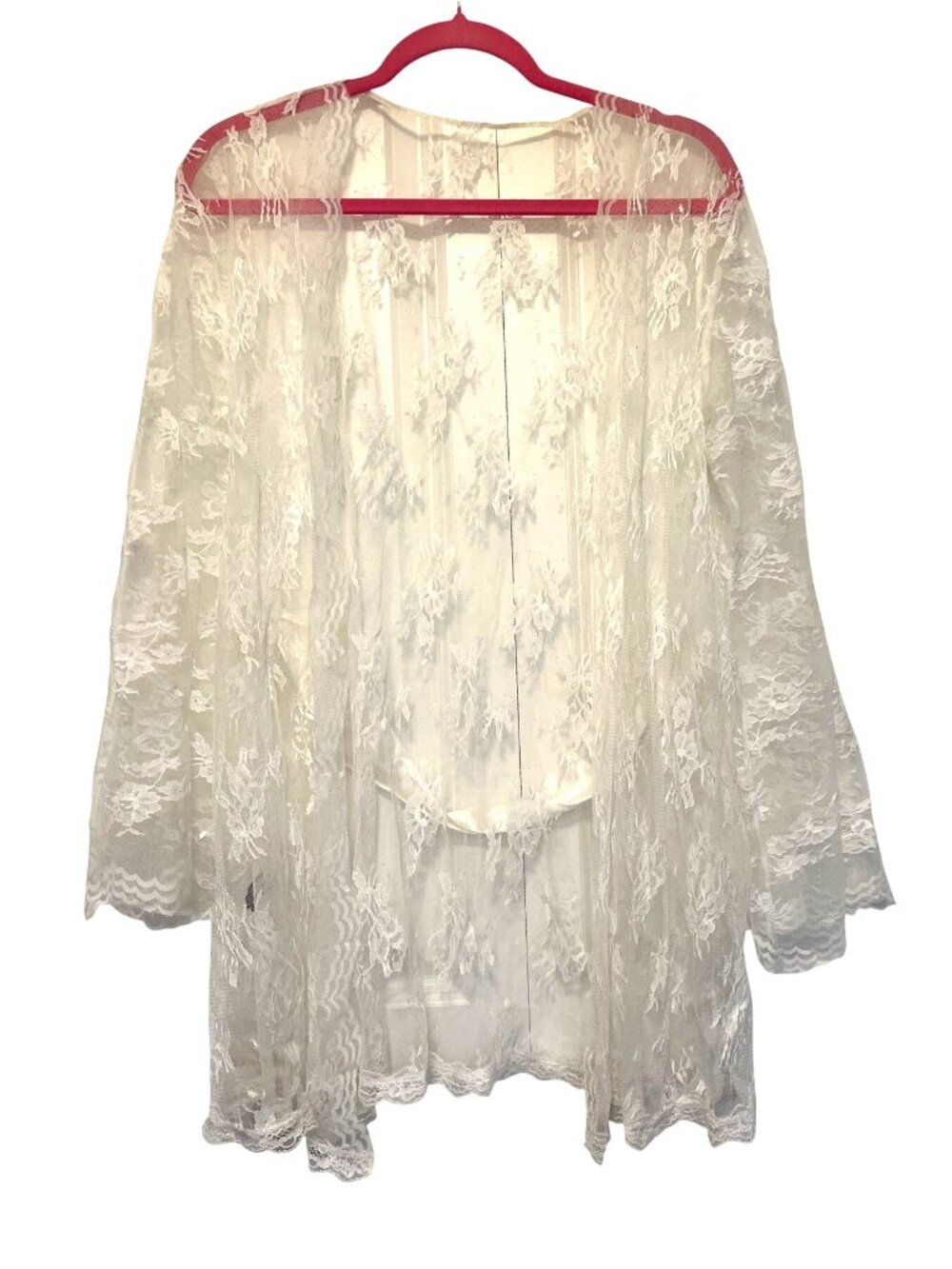 iCollection White Lace Robe With Satin Belt Flowy Sheer Floral Design Size M